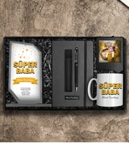 Babalar Gününe Özel Cam Plaket & Defter & Deri Kılıflı Touch Pen Kalem & Kupa & Çerçeve Hediye Seti