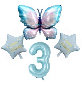 Mavi Kelebekli Happy Birthday 3 Yaş Folyo Balon Set