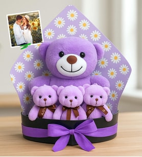 Kişiye Özel Fotoğraflı Peluş Mor Ayıcık Buketi (Model 1)