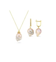 Şeftali Rengi Barok İnci Kolye Küpe İkili Set (Sarı)