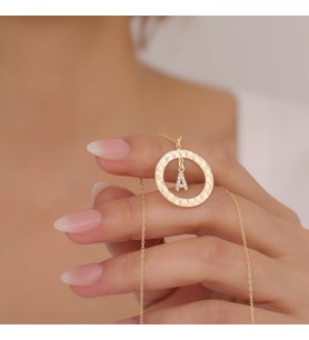 925 Ayar Gümüş Taşlı Harfli Dokulu Çerçeve Kolye (Gold)
