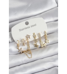 316L Çelik Gold Renk 6'lı Set Zincirli Yıldız Modelli Kadın Küpe TJ-BKP11747