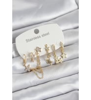 316L Çelik Gold Renk 6'lı Set Zincirli Yıldız Modelli Kadın Küpe TJ-BKP11747