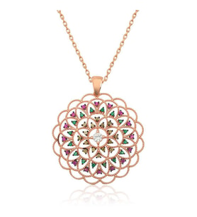 Gümüş Rose Geometrik Desenli Madalyon Kolye