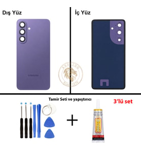 Samsung Galaxy S26 Plus Mor Renk Lensli Arka Kapak + Tamir Seti + B7000 Yapıştırıcı Arka Cam Batarya Kapağı Pil Kapağı Lazer Kesim Back Cover Galaxy S26 Plus Uyumlu