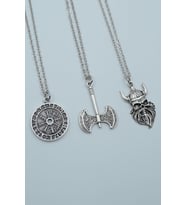3'lü Viking Savaşçı Viking Pusula Çift Taraflı Balta Gümüş Kaplama Kolye Seti