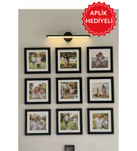 9'lu Baskı Dahil Paspartu Temalı 20x20 Cm(Dış Ölçü) Fotoğraf Çerçeve Seti, Kişiye Özel Duvar Çerçeve Seti (Aplik Hediyeli) (Siyah)
