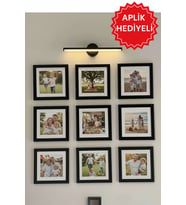 9'lu Baskı Dahil Paspartu Temalı 20x20 Cm(Dış Ölçü) Fotoğraf Çerçeve Seti, Kişiye Özel Duvar Çerçeve Seti (Aplik Hediyeli) (Siyah)