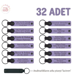 Tüm Festivaller İçin 32'li Set, Kişiye Özel Yazılı Deri Hediyelik Anahtarlık, Mor Menekşe & Lacivert (Lila - Mor)