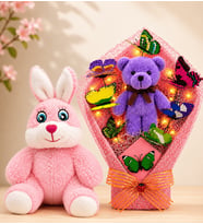 LED Işıklı Peluş Ayıcık Buketi ve Pembe Peluş Tavşan Sevgiliye Arkadaşa Anneye Kadına Hediye