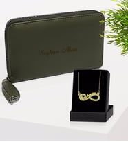 BK Gift Kişiye Özel İsimli Haki Deri Kadın Cüzdan ve Sonsuzluk Annem Kolye Hediye Seti