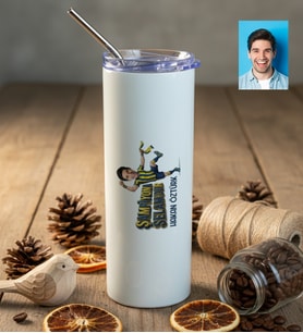 Kişiye Özel Karikatürlü Sarı Lacivert Taraftar Pipetli Çelik Termos Doğum Günü Hediyesi