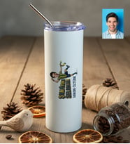 Kişiye Özel Karikatürlü Sarı Lacivert Taraftar Pipetli Çelik Termos Doğum Günü Hediyesi