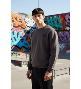 Erkek Bisiklet Yaka Düşük Kol Oversize Kalın Nakışlı Sweatshirt Fonksiyonel Dayanıklı Spor