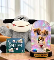 Kişiye Özel Yazılı 3 Fotoğraflı Renkli LED Işıklı Fanus(beyaz melekli) ve Şaşkın Peluş Eşek