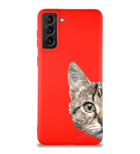 Samsung Galaxy S21 Plus Soft Premier Kapak Catface Tasarımlı Silikon Kılıf - Kırmızı (Şeffaf)