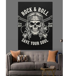 Rock Roll Kafatası Dövme Dekoratif Kanvas - Mdf Ahşap Tablo