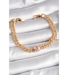 Pirinç Gold Renk Pembe Kare Zirkon Taşlı VIP Seri Kadın Bileklik 5886 - HPSBYI9676-7852