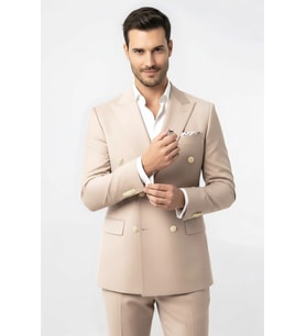 Gümüş Renk Metal Düğmeli Modern Fit Kruvaze Bej Erkek Takım Elbise – Wessi