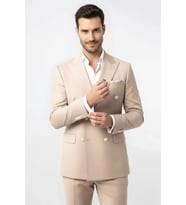 Gümüş Renk Metal Düğmeli Modern Fit Kruvaze Bej Erkek Takım Elbise – Wessi