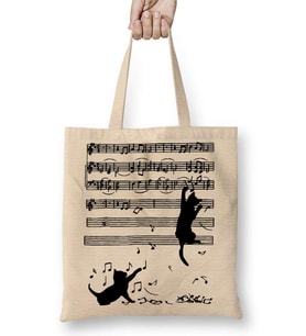 Yaramaz Komik Müzik Notalı Kedi Cat Bez Çanta Uzun Saplı