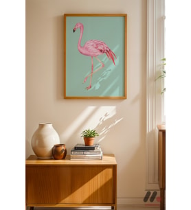 Flamingo İllüstrasyonu, Ahşap Çerçeveli Duvar Tablosu - Hayvan Severlere Hediye