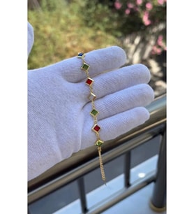 Kadın Gold Renk Renkli Zirkon Taşlı Özel Tasarım Bileklik 18 CM
