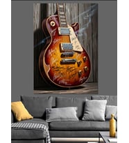 Eskitme Ahşap Önünde Elektro Gitar Dekoratif Kanvas - Mdf Ahşap Tablo