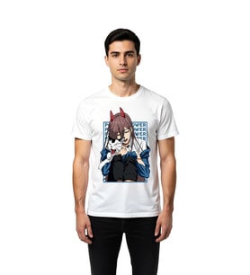 Erkek Anime Karakter Kedili Baskılı Kısa Kollu Tişört Boynuzlu Kız Tasarımı Rahat Kesim Günlük Şık