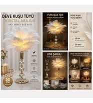 USB Şarjlı Deve Kuşu Tüyü Abajur 50 cm Kristal Taşlı Dekoratif Masa Lambası