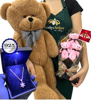 Kişiye Özel Fotoğraflı VIP Set - 925 Ayar Işıklı Kutuda Gümüş Kolye & Kahve Ayıcık & 3'lü Ayıcık Buketi (Model 5)