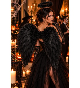 Halloween Siyah 80x70 Melek Kanadı Haleli Melek Tacı Uzun Dantel Eldiven 3'lü Kostüm Seti Cadılar Bayramı