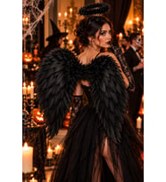 Halloween Siyah 80x70 Melek Kanadı Haleli Melek Tacı Uzun Dantel Eldiven 3'lü Kostüm Seti Cadılar Bayramı