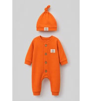 Unisex Tahta Düğme Görselli Şapkalı Waffle Bebek Tulum - Beyaz