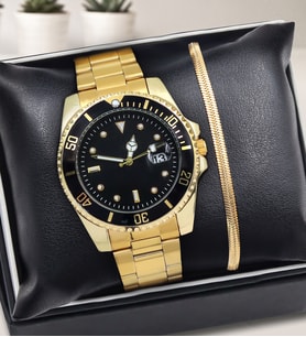 Spectrum Rolex Tarzı Siyah Kadran Metal Kordon Erkek Kol Saati & Gold Çelik İtalyan Bileklik Hediye Seti