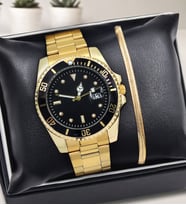 Spectrum Rolex Tarzı Siyah Kadran Metal Kordon Erkek Kol Saati & Gold Çelik İtalyan Bileklik Hediye Seti