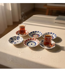 Fecra Acem 6'lı Çay Tabağı Seti Mix 3232 (LACIVERT-KIRMIZI-BEYAZ)