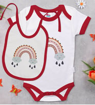 BK Kids Boho Tasarımlı Kırmızı Bebek Body Zıbın ve Mama Önlüğü Hediye Seti-1