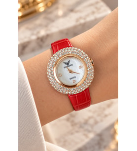 Rubenis Swiss Kadın Kol Saati Pembe Altın Renk Çelik 33mm Kristal Taşlı Kırmızı Gerçek Deri Kayışlı Sedef Kadranlı