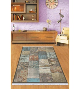 Mavi Patchwork Dokuma Pamuk Taban Kaymaz Kilim KLM071