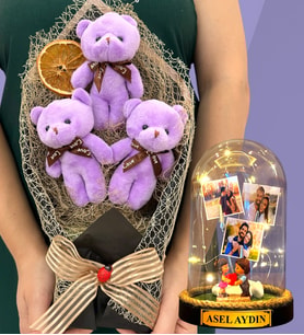 Sizlere Özel Led Işıklı Fanus ve Büyük Boy Mor Peluş Ayıcık Buketi - Premium Hediye Seti (Model 10)