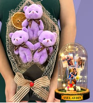 Sizlere Özel Led Işıklı Fanus ve Büyük Boy Mor Peluş Ayıcık Buketi - Premium Hediye Seti (Model 10)