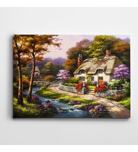 Ağaç Çiçekler Dere ve Ev Kartpostal Kanvas Tablo