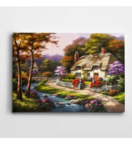 Ağaç Çiçekler Dere ve Ev Kartpostal Kanvas Tablo