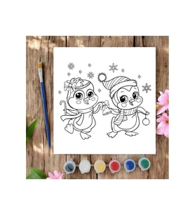 20x20 Tuval Boyama Seti Etkinlik Penguenler Yılbaşı Boyama Seti (Siyah - Beyaz)