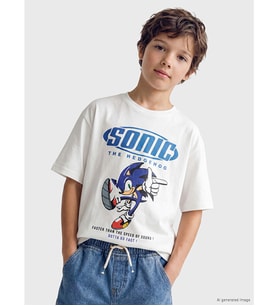LCW Kids Beyaz Bisiklet Yaka Sonic Baskılı Erkek Çocuk Tişört