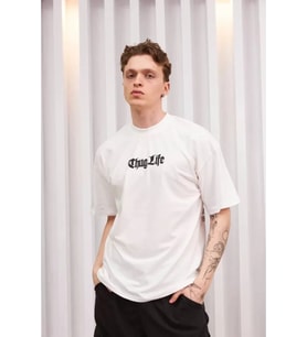 Unisex Bisiklet Yaka Baskılı Oversize T-Shirt - Beyaz