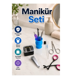 Kompakt Paslanmaz Çelik Manikür ve Kişisel Bakım Seti – Silikon Standlı