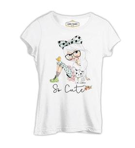 Kuş Kedi Küçük Kız Beyaz Kadın Tshirt