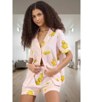 Kadın Pamuklu Örme Pijama Takımı Ördek Desenli Kısa Kollu Regular Kalıp Modern Stil Özel Tasarım (Pembe)